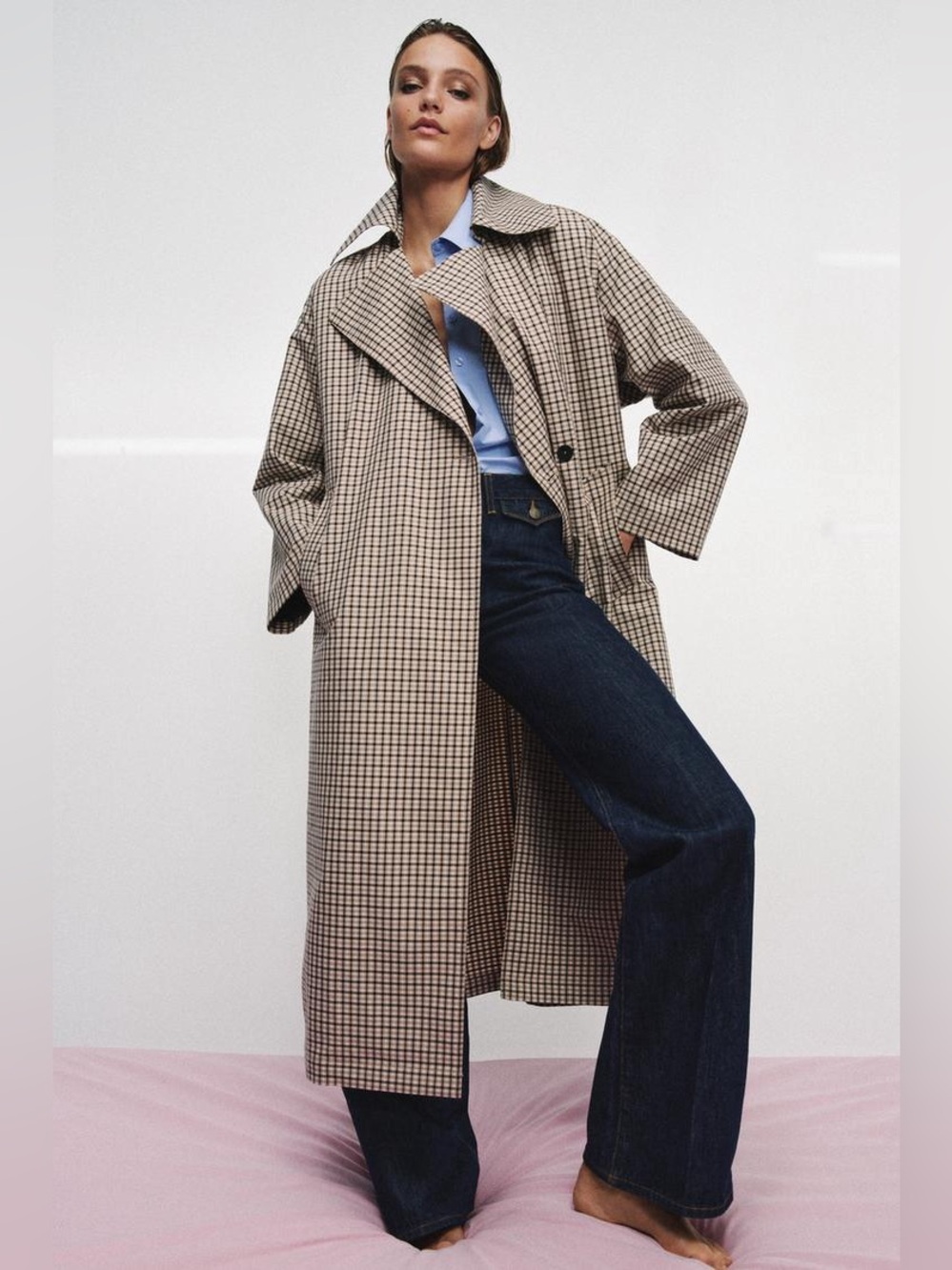ZARA ZW COLLECTION OVERSIZED PLAID TRENCH COAT